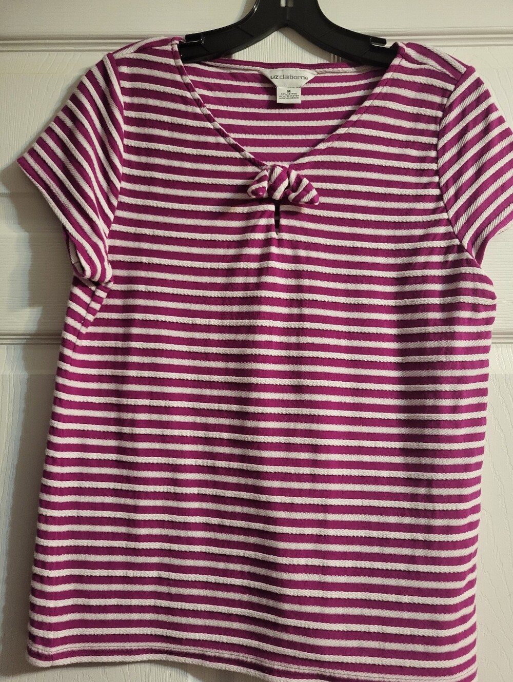 Liz Claiborne Pink & White Striped Short Sleeve Knot-Front Tee